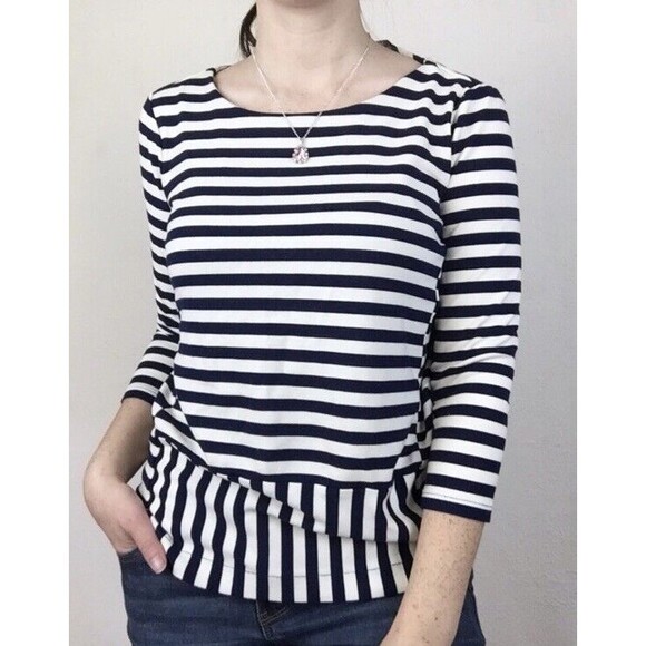 MADEWELL Stripe Turn Ponte Peplum Knit Top 3/4 Sleeve Navy/White -Size S - Picture 1 of 6
